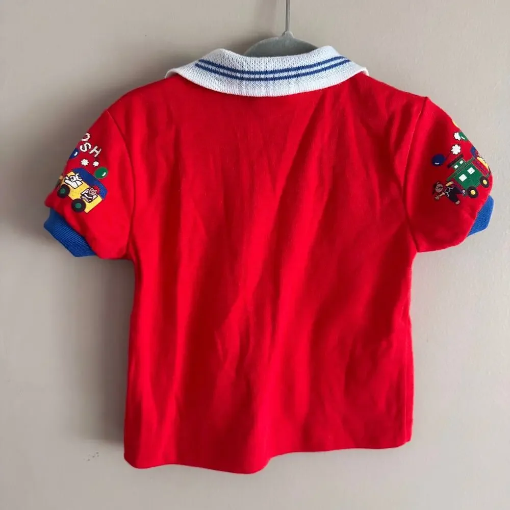 Vintage OshKosh Red Train Zoo Animal Print Polo Shirt Unisex 6-9 Month Baby